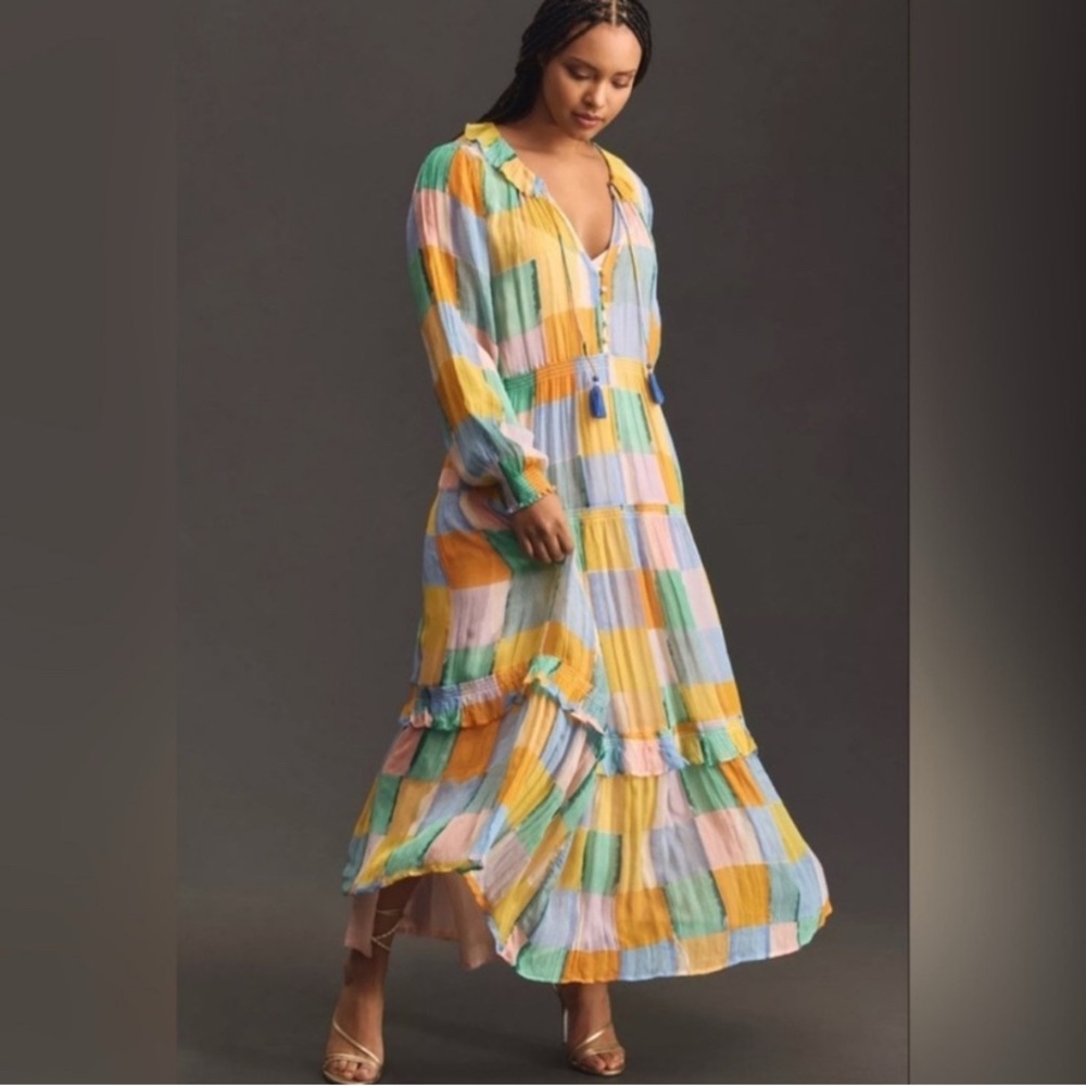 Anthropologie Multicolor Check Maxi Dress - Yellow, Green, Blue, Pink